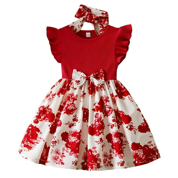 Fozruso Summer Girls Dresses Toddler Children Girls Fly Sleeve Flowers Prints Bowknot Dresses Clothes Headband Suit Sizes 9-12 Months