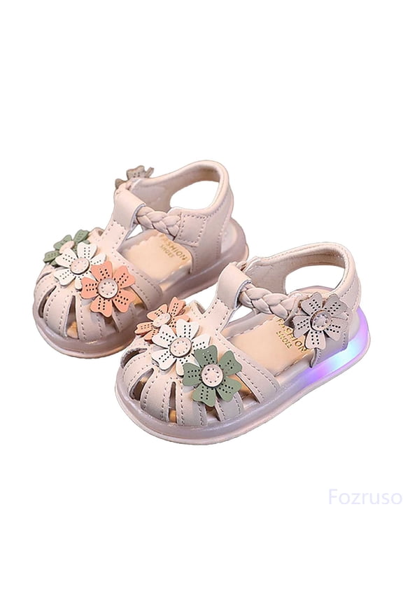 Summer Light Up Girls' Toddler Walking Shoes 1 2 Years Old Children's Closed Toe Kick Flower Sandals,Sizes 13 Little Kid 24(Pink)