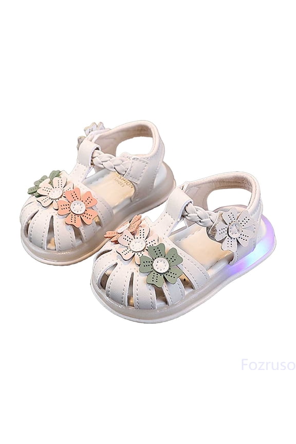 Summer Light Up Girls' Toddler Walking Shoes 1 2 Years Old Children's Closed Toe Kick Flower Sandals,Sizes 7 Little Kid 17(White)