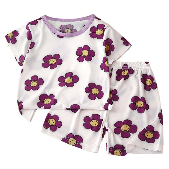 Fozruso Summer Outfits Sets Boys Girls Cartoon Animal Print Shorts & T Shirt Set Toddler Kids Summer Matching Outfit With Cute Patterns,3-6 Months(Purple)