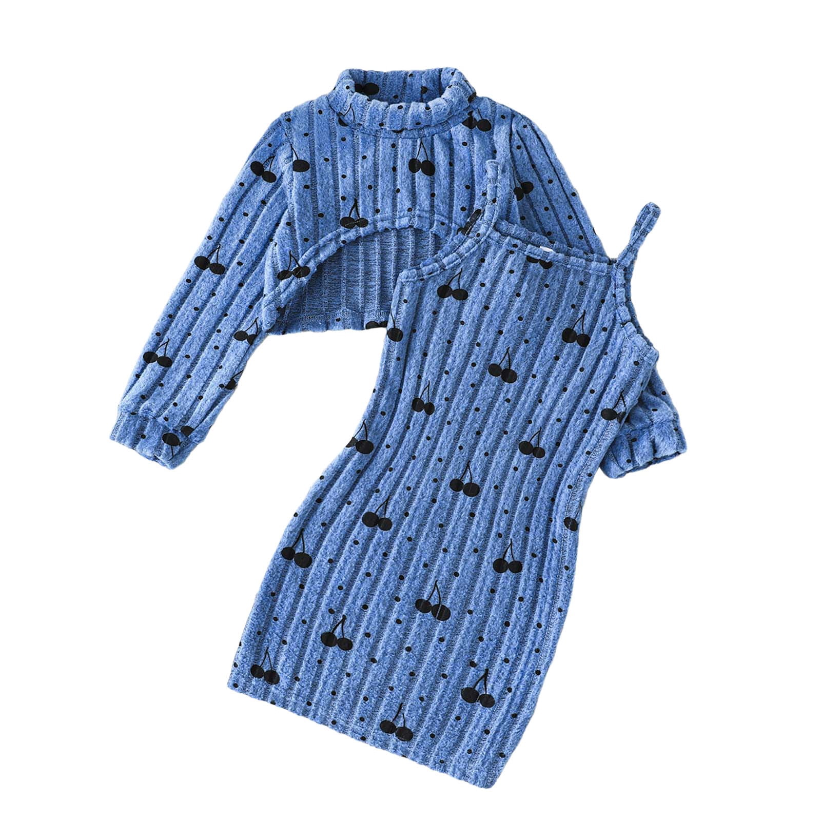 Summer Outfits Sets Girls Outfits Set Casual Winter Warm Cherry Print High Neck Long Sleeve Crop Top With Strappy Dress Toddler Clothes For Age 3 7 Years,5-6 Years(Blue)