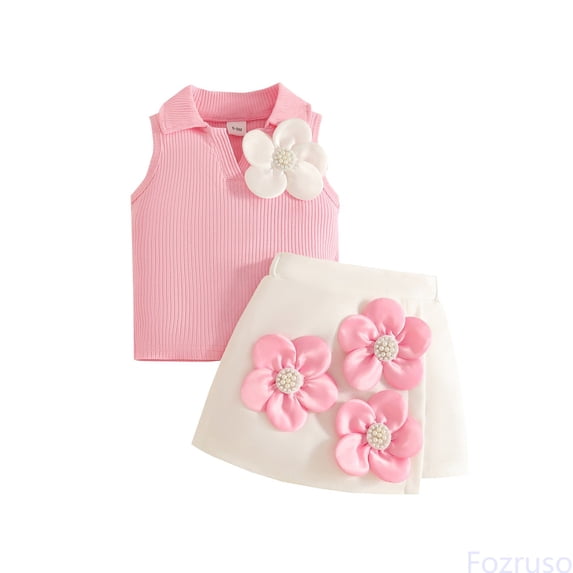 Fozruso Summer Toddler Girls Sleeveless Ribbed Vest T Shirt Tops Floral Skirt Outfits Skirt Sets for School Casual,Pink,12-18 Months