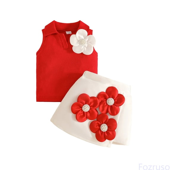 Fozruso Summer Toddler Girls Sleeveless Ribbed Vest T Shirt Tops Floral Skirt Outfits Skirt Sets for School Casual,Red,12-18 Months