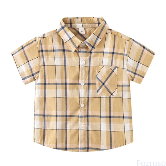 Fozruso Toddler Boys Summer Short Sleeve Plaid Pattern Button Down Shirts with Pockets Classic Loose Shirts Sizes 12-18 Months