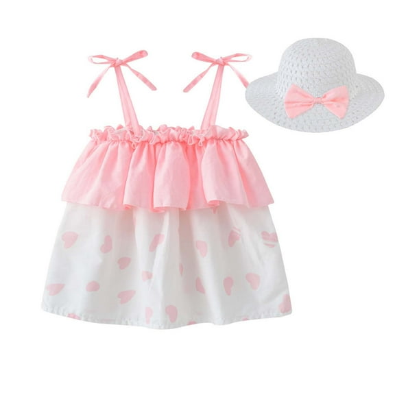 Fozruso Toddler Dress Spring Summer Girls Tie Strap Off Shoulder Strawberry Cherry Floral Dress & Sun Hat Set Sizes 3-4 Years