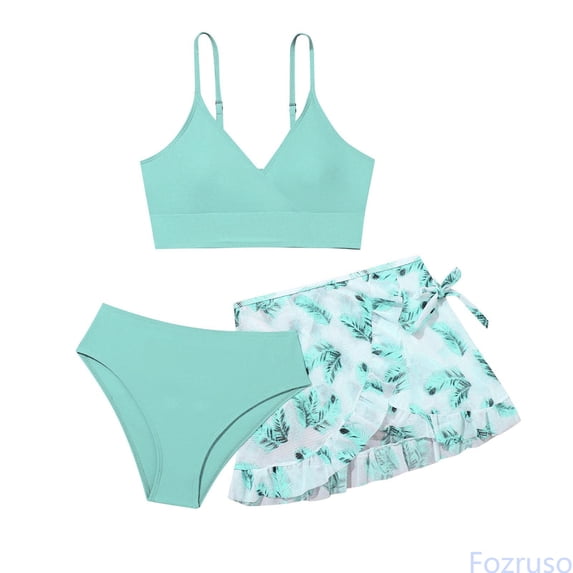 Fozruso Toddler Girl's 3 Piece Swimsuits Soild Bikini Rullfe Bathing Suit Briefs Girls Bikini Swimwear Set 3 Piece Bathing Suit Sizes 11-12 Years