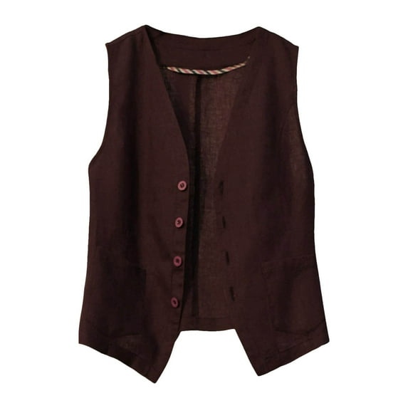 Fozruso Vest Womens Cotton Vest V Neck Spring And Summer Cardigan Sleeveless Thin Vest Style Vest With Pockets Plain Color Casual, Sizes XL