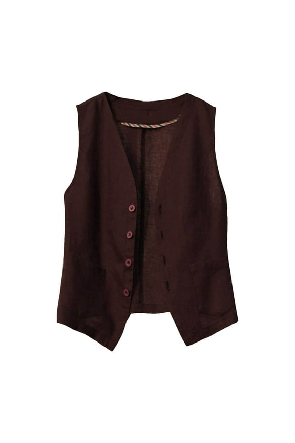 Vest Womens Cotton Vest V Neck Spring And Summer Cardigan Sleeveless Thin Vest Style Vest With Pockets Plain Color Casual, Sizes XXL