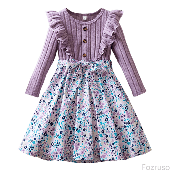 Fozruso Vintage Girls Dress Elegant Long Sleeve Floral Print Girls Party Dress With Puffed Sleeves For Autumn Winter Holiday Celebrations And Sizes 2-3 Years