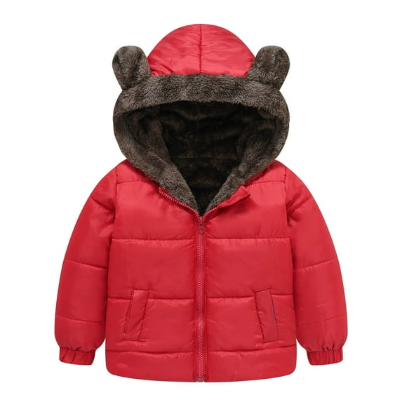 Fozruso Winter Warm Outerwear 2-3 Years,Toddler Boys Girls Winter Coat Bear Ears Hooded Jacket Reversible Wear Thicken Windproof Zipper Warm Outwear Red