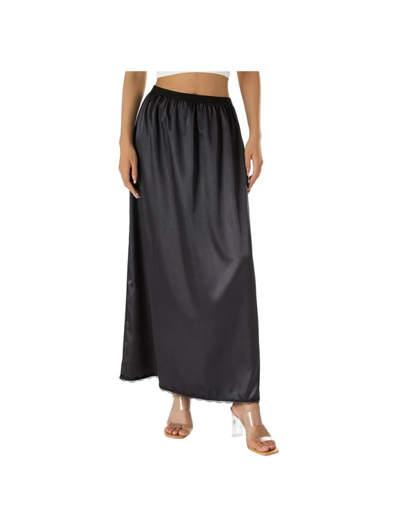 Women Half Slip Soft Satin Half Slip Lace Long Underskirt Half Slips For Under Dresses, Black XXL