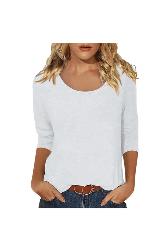 Women's Casual Solid Color Print Scoop Neck Low Cut 3/4 Sleeve T Shirt Top
