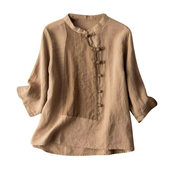 Fozruso Women's Five Point Sleeve Embroidery Loose Literary Vintage Cotton Top Long Sleeve Crew Neck Top/Shirt