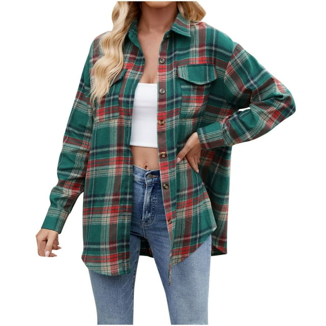 Fozruso Women's Lightweight Flannel Plaid Button Down Shirts Oversized
