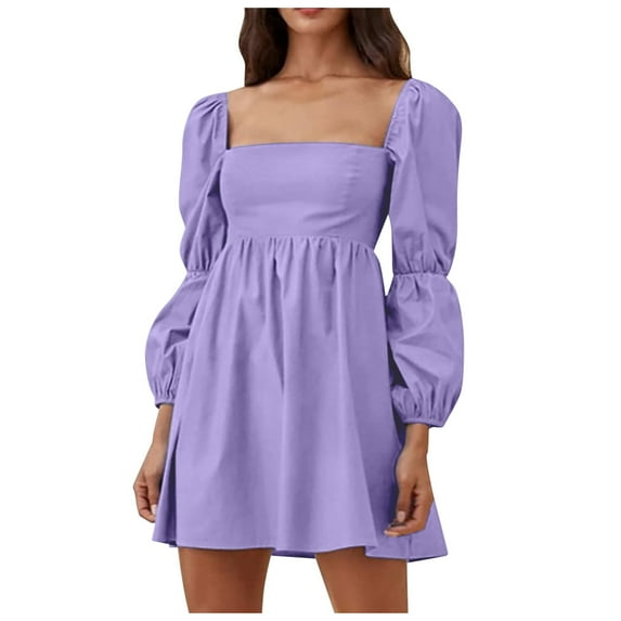 Fozruso Women's Square Long Sleeve Bubble Sleeve Dress
