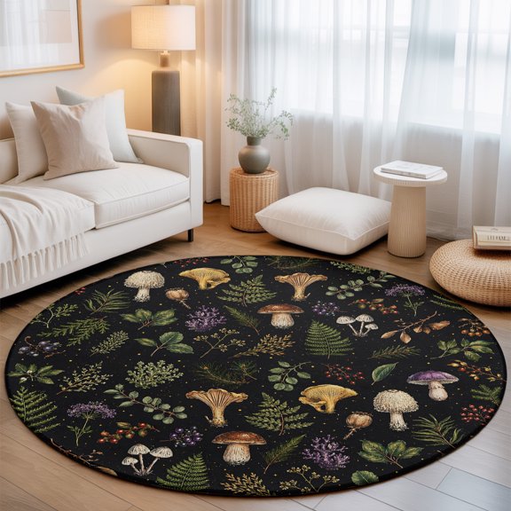 Fprest Botanical Round Living Room Rugs 6 ft, Plant Fern Leaf Mushroom Pinecone Wildberry Black Washable Area Rug with Non-Slip Sturdy Edge Binding Round Carpet for Kitchen Office Bedroom