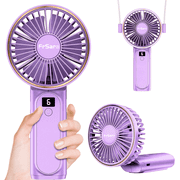 FrSara Portable Handheld Mini Fan,Neck Fan,4000mAh Desk Fan,180 Adjustable,6 Speed Wind,Display Electricity in Real Time,USB Rechargeable Foldable Fan,Quiet Personal Fan with Power Bank -Light purple