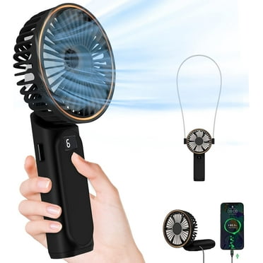 FrSara Portable Handheld Mini Fan, Neck Fan, 4000mAh Desk Fan, 180° Adjustable, 6 Speed Wind, Display Electricity in Real Time, USB Rechargeable Foldable Fan, Quiet Personal Fan with Power Bank Black