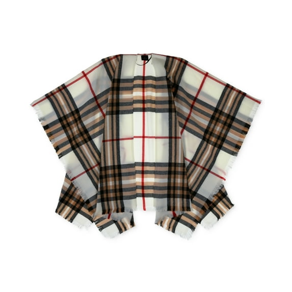 Fraas Women’s Fringe-Trim Classic Plaid Kimono with Fringe Trim – Ivory