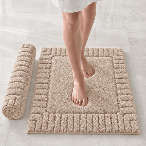 Frabe Bathroom Rug, Extra Soft Plush Microfiber Shower Mat with Recessed Frame, Non-Slip Quick-Dry Machine Washable for Bathtub and Sink, Beige 24"x43"