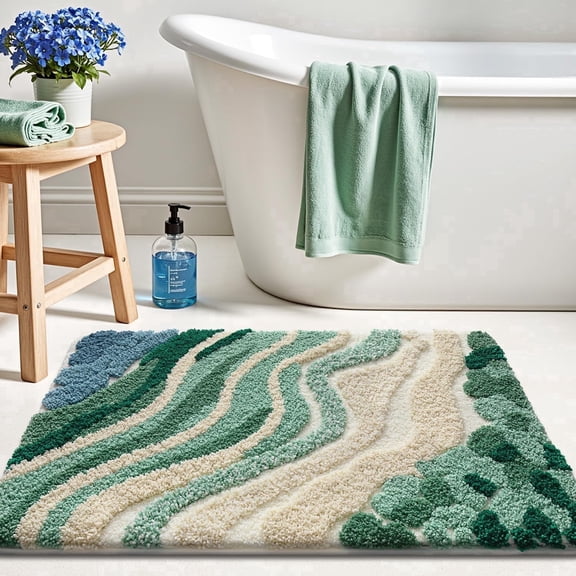 FRABE Non-Slip Ocean Wave Bathroom Rug, Ultra Soft Plush Absorbent Shower Mat, Machine Washable Sea Theme Floor Decor for Bathtub and Bedroom, Multicolor20" x 32"