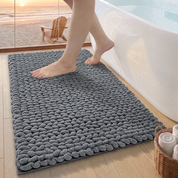 FRABE Luxury Bathroom Rug, Ultra Soft Quick Dry Bath Mat, Non-Slip Absorbent Thick Chenille Bath Rug, Cozy Braid Design Floor Mat for Bathtub, Sink, Laundry, Bedroom, Grey, 24"x43"
