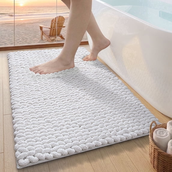 FRABE Luxury Bathroom Rug, Ultra Soft Quick Dry Bath Mat, Non-Slip Absorbent Thick Chenille Bath Rug, Cozy Braid Design Floor Mat for Bathtub, Sink, Laundry, Bedroom, White, 24"x43"