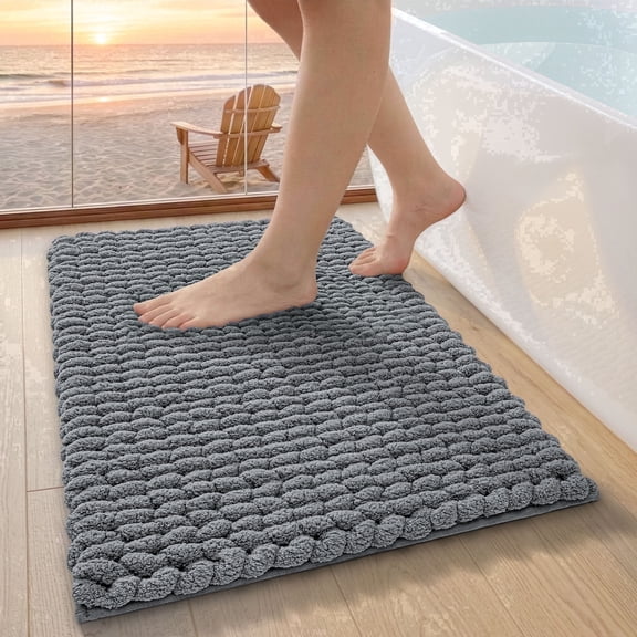 FRABE Luxury Bathroom Rug, Ultra Soft Plush Quick-Dry Shower Mat with Braided Design, Non-Slip Absorbent Thick Chenille for Bathtub and Laundry, Grey 20"x32"