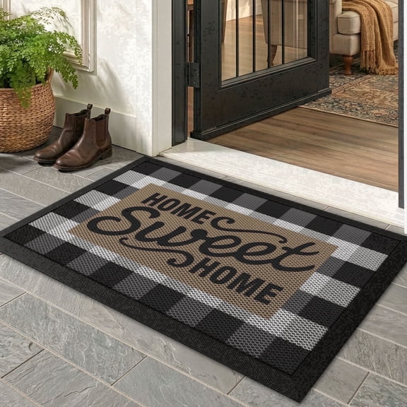 FRABE Non-Slip Outdoor Door Mat, Low Profile Grid Pattern Rubber Entrance Rug, Durable Easy Clean Scraper for Front Door and Patio, Black 17"x30"