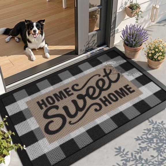FRABE Non Slip Outdoor Door Mat Rubber Entrance Doormat Low Profile Welcome Mat Sweet Home Grid Design 24"x36"
