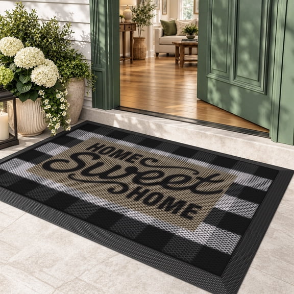 Frabe Outdoor Entrance Rug, Low Profile Welcome Mat with Sweet Home Design, Non-Slip Rubber Backing and Durable Scraper for Front Door Patio, Black 32"x47"
