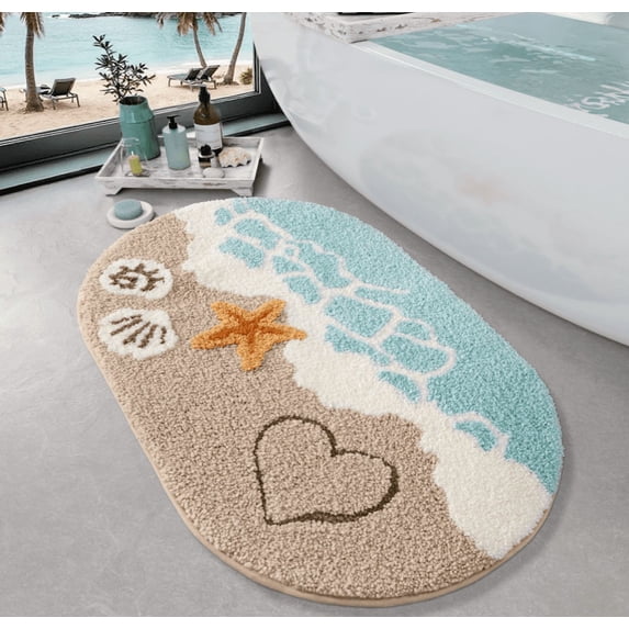 Frabe Soft and Absorbent Beach Bathroom Rug, Non-Slip Backing, Ideal for Bathroom, Kitchen and Entryway Decor, Sea Beach Starfish Shell Bath Decor, Blue 22" x 34"