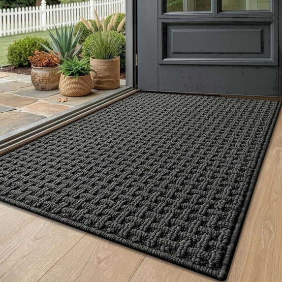 Frabe Washable Door Mat Indoor Entrance 17"x30", Dirt Trapper Front Door Mats with Absorbent Interior and Non-Slip Rubber Backing, Entryway Doormat, Black