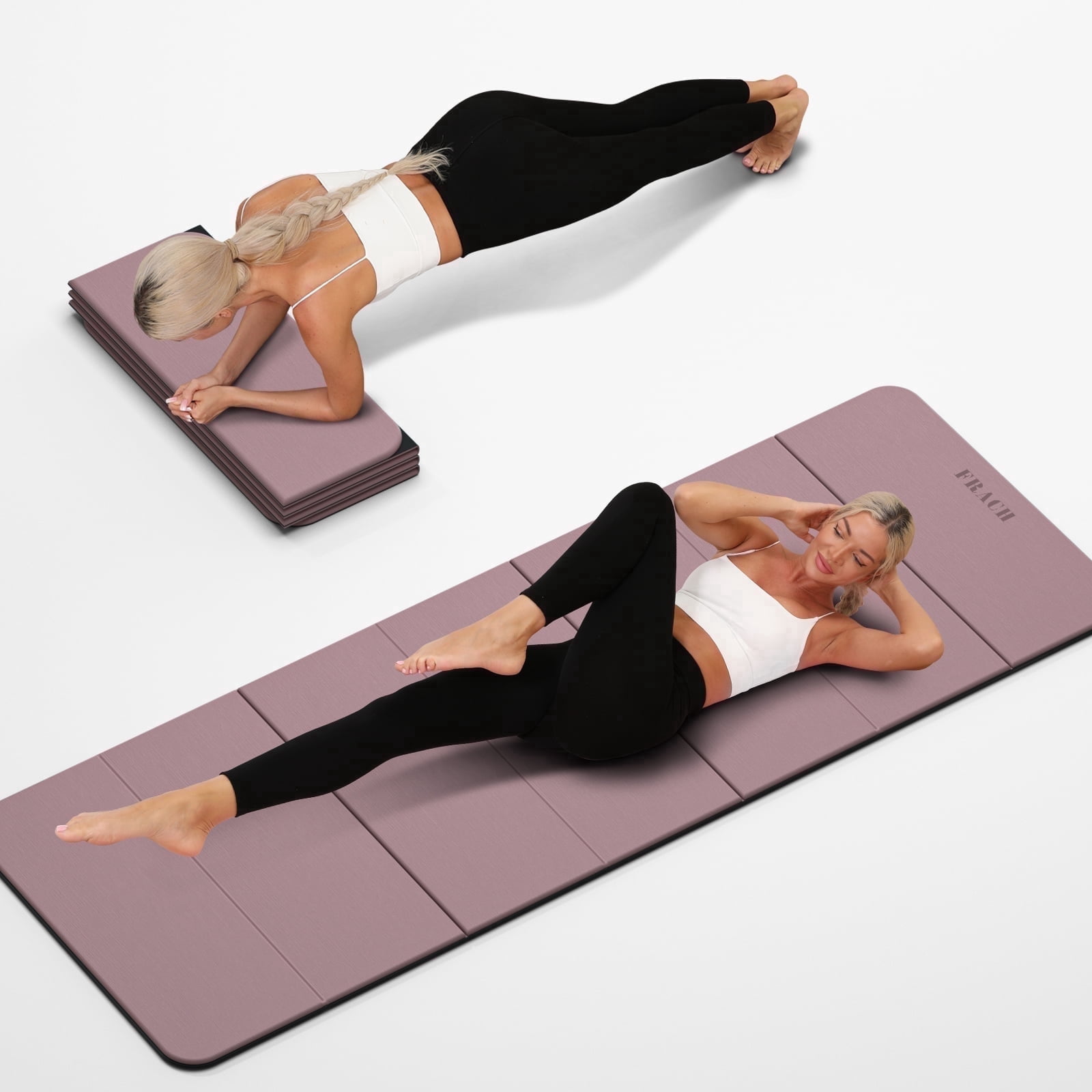 Frach Foldable Yoga Mat Lightweight 0.3" Thick Multi-Functional & Portable Grip Odorless TPE for Pilates & Gym (Dark Pink+Black)