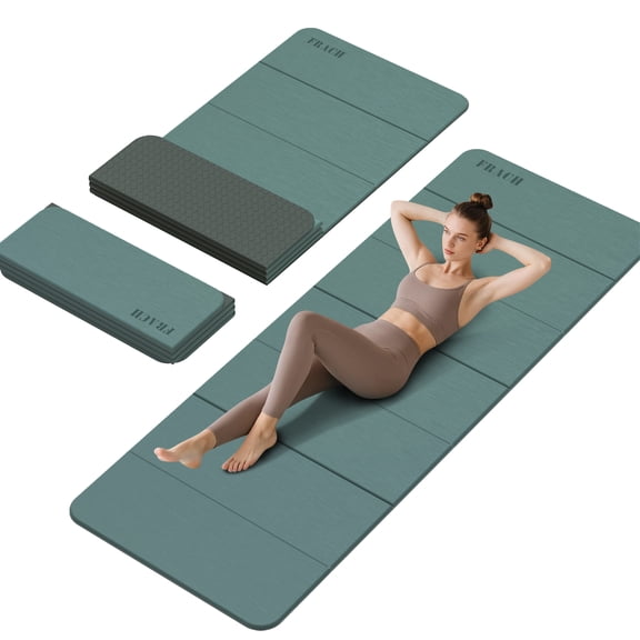 Frach Foldable Yoga Mat, Workout Exercise Mat,Eco TPE 0.4 Inch Thick for Home and Travel,Instant Fold No Curling 75"x26"(Dark Green+Deep Greenish Gray)