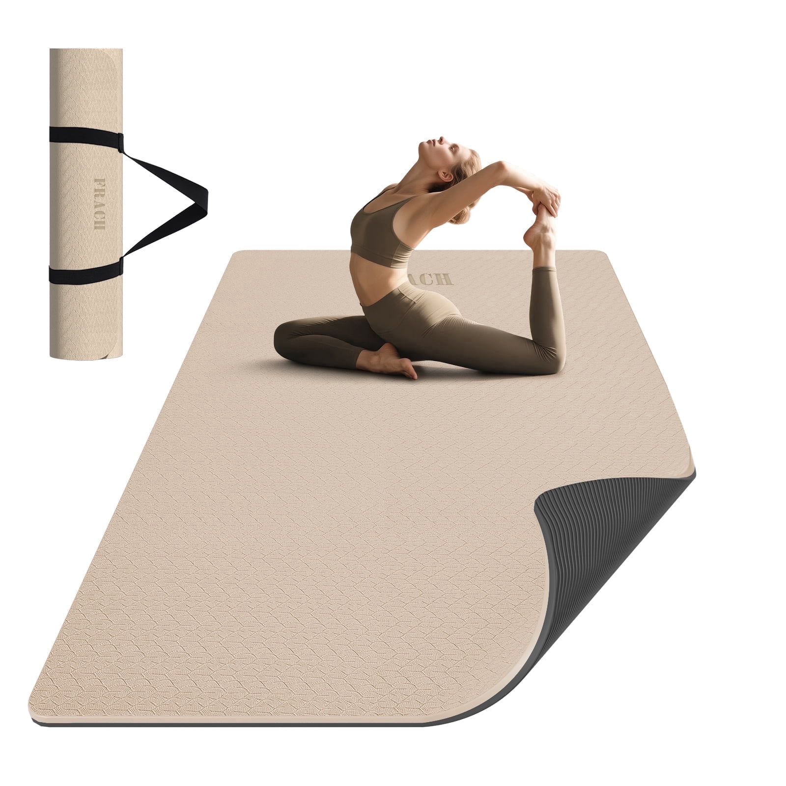 Frach Large Yoga Mat（6'×4')- TPE 10mm Extra Thick Non-Slip Mats with strap for Home Workout/Pilates(Beige + Black)