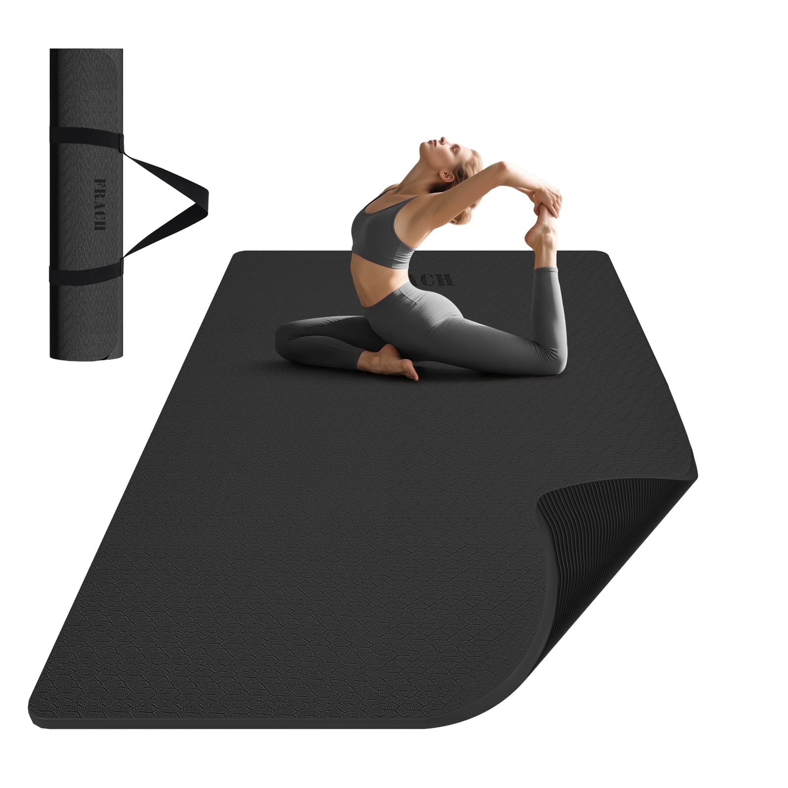 Frach Large Yoga Mat（6'×4')- TPE 10mm Extra Thick Non-Slip Mats with strap for Home Workout/Pilates(Black)