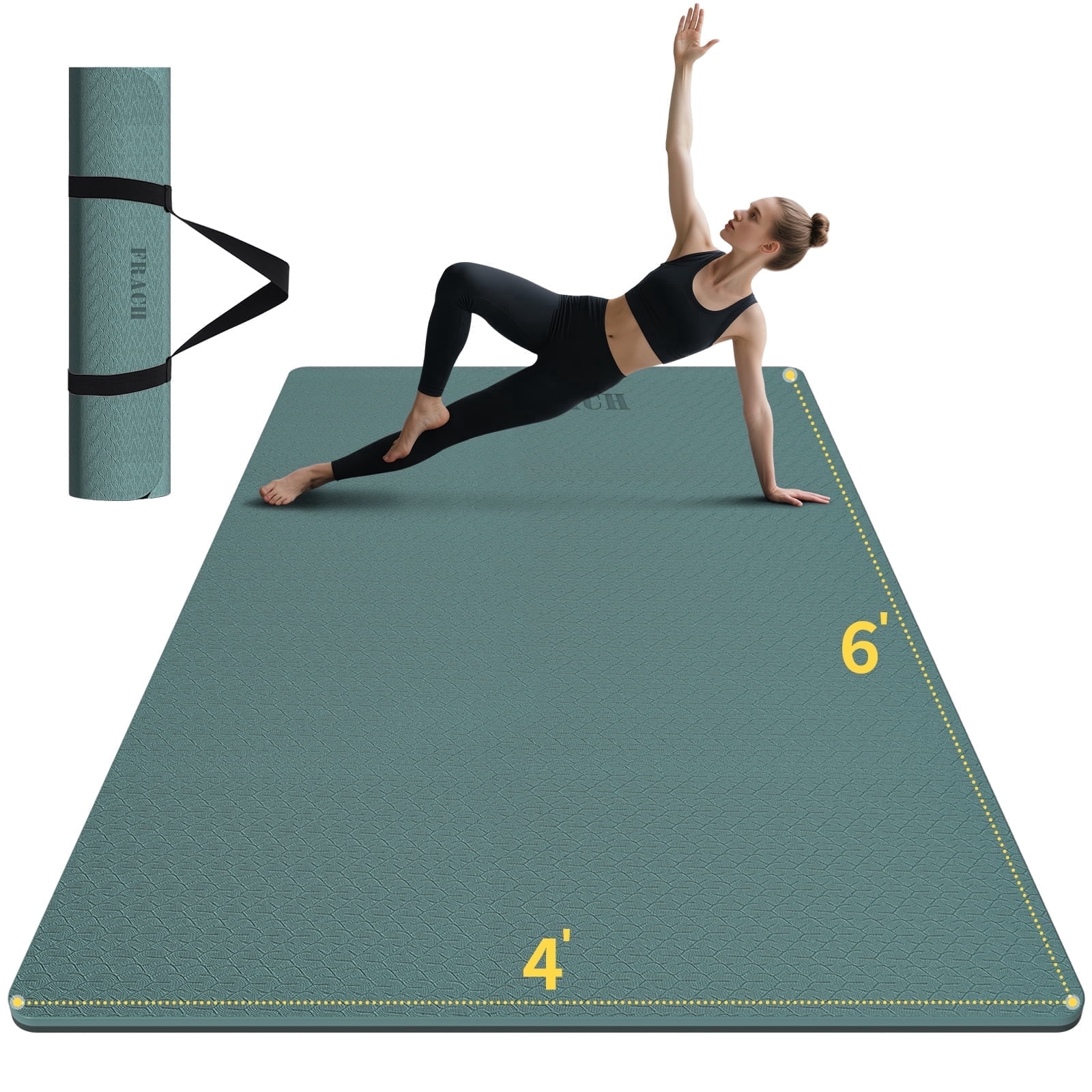 Frach Large Yoga Mat（6'×4')- TPE 10mm Extra Thick Non-Slip Mats with strap for Home Workout/Pilates(Green + Grey)