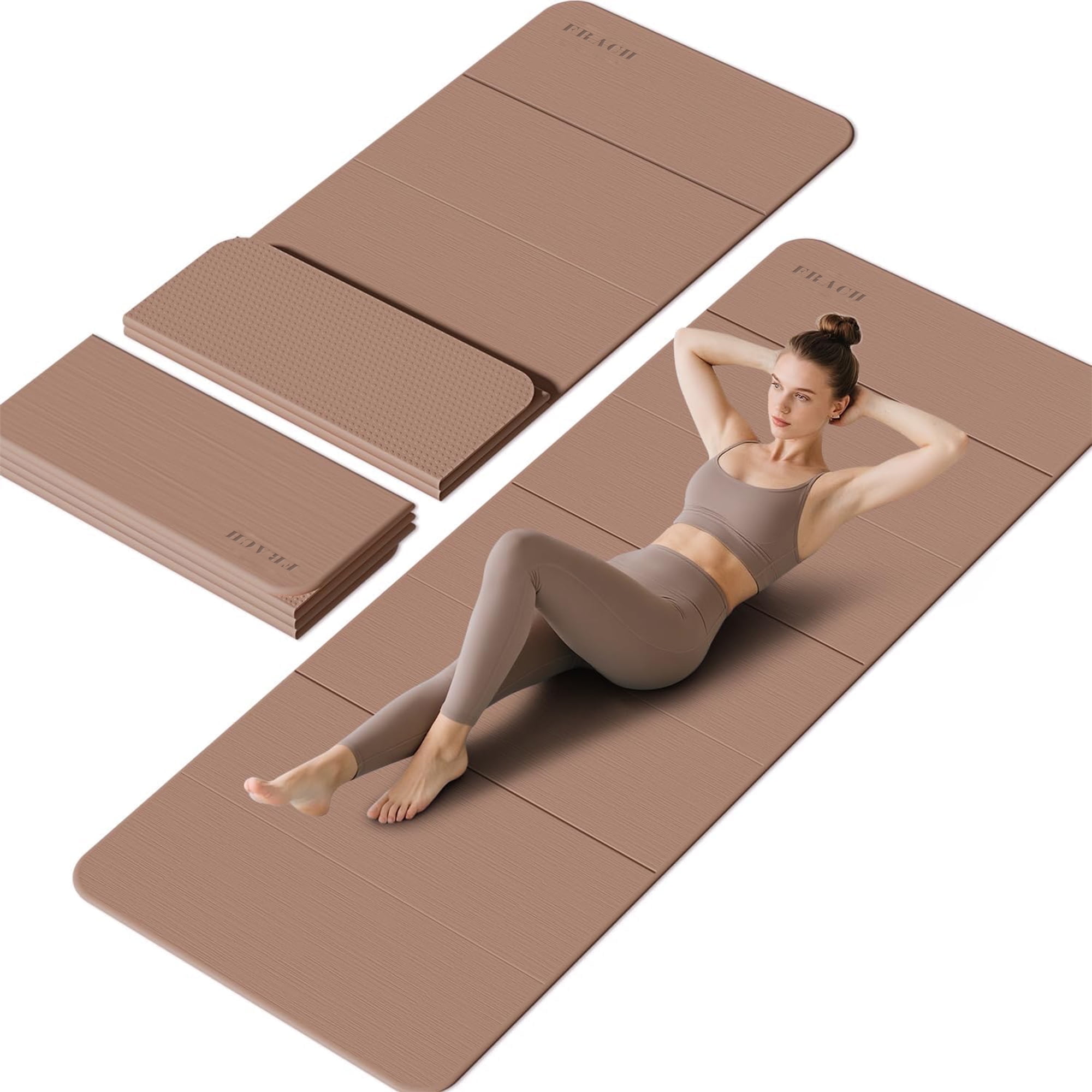 Frach Foldable Yoga Mat, Workout Exercise Mat,Eco TPE 0.4 Inch Thick for Home and Travel,Instant Fold No Curling 75"x26"(Brown)