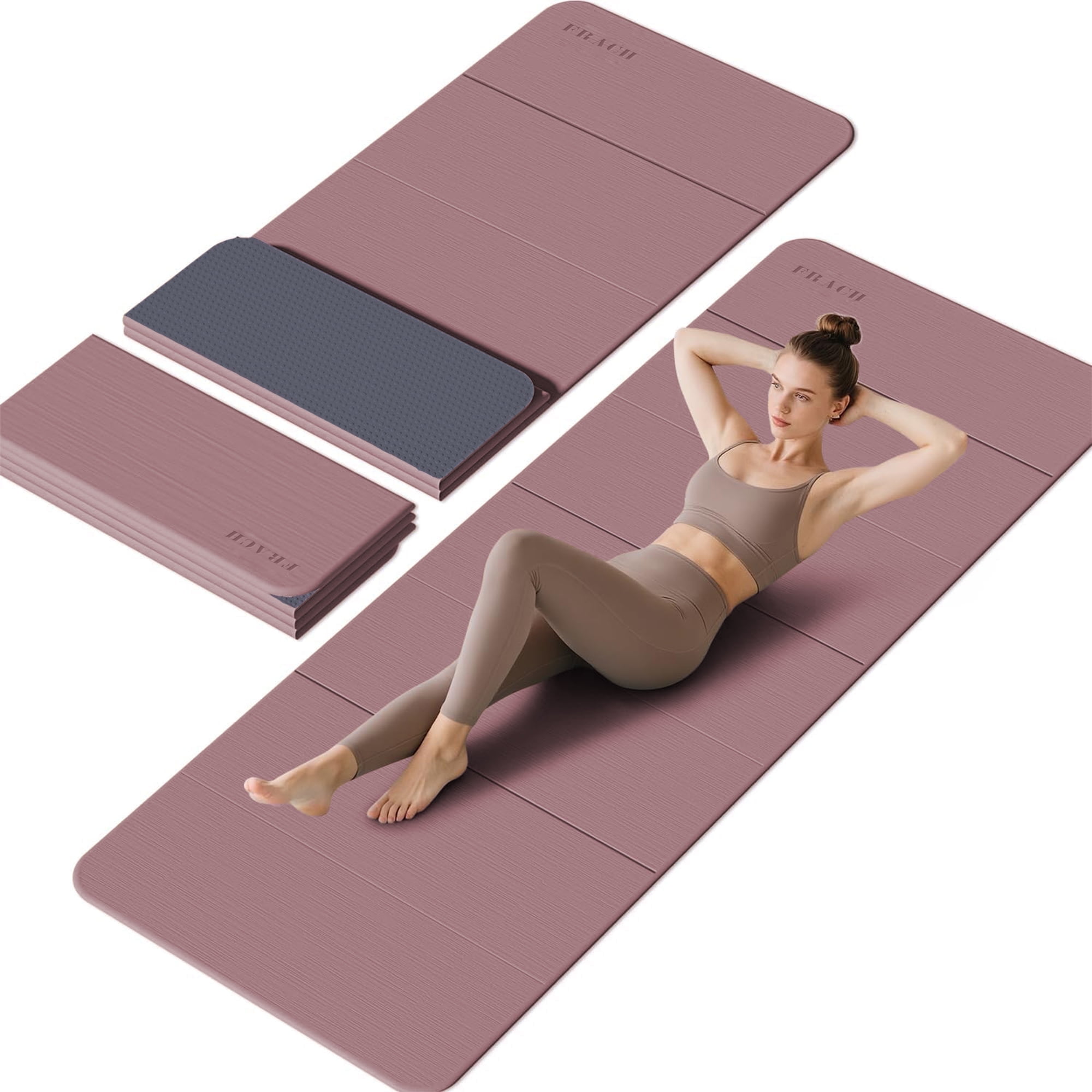 Frach Foldable Yoga Mat Pilates Exercise MatEco TPE 0.4 Inch Thick for Workouts Travel and Home,Quick Fold Stable Grip 75"x26"(Pink+Silver)