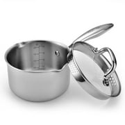 Fracoda 1.5 Quart Saucepan with Strainer Glass Lid, Stainless Steel Sauce Pot for Stove Top, Cooking Pot with Spouts, Multipurpose Pour Sauce Pan with Straining Lid for Cooking Induction Pan Pots