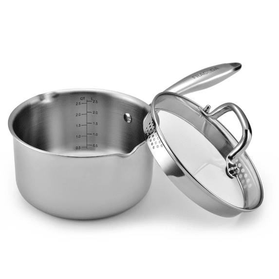 Fracoda 2.5 Quart Saucepan with Strainer Glass Lid, Stainless Steel Sauce Pot for Stove Top, Cooking Pot with Spouts, Multipurpose Pour Sauce Pan with Straining Lid for Cooking Induction Pan Pots
