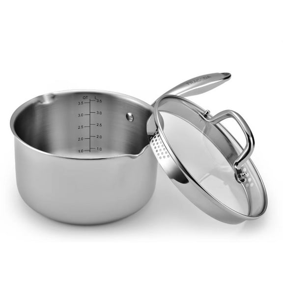 Fracoda 3.5 Quart Saucepan with Strainer Glass Lid, Stainless Steel Sauce Pot for Stove Top, Cooking Pot with Spouts, Multipurpose Pour Sauce Pan with Straining Lid for Cooking Induction Pots