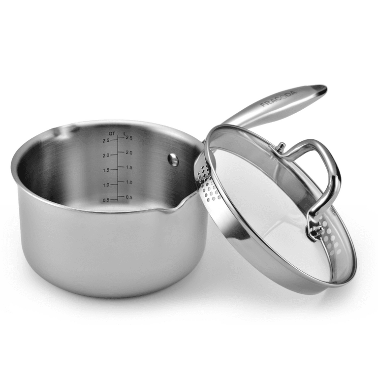 Tri-Ply Stainless Steel Saucepan with Glass Strainer Lid, Two Side Spouts,  Multi
