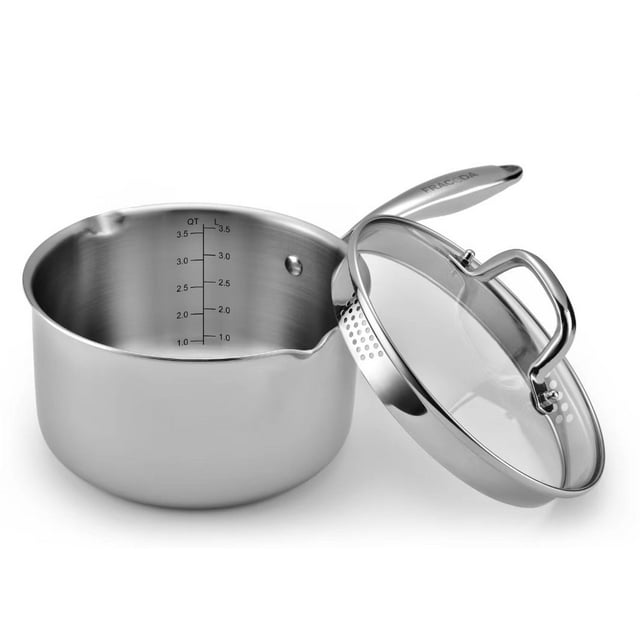 Fracoda 4 Quart Saucepan with Strainer Glass Lid, Stainless Steel Sauce Pot for Stove Top