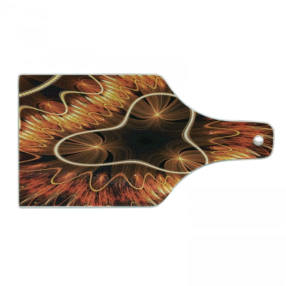 Fractal Cutting Board, Abstract Electromagnetic Waves Textured Effects Graphic Image, Decorative Tempered Glass Cutting and Serving Board, Wine Bottle Shape, Vermilion Brown, by Ambesonne