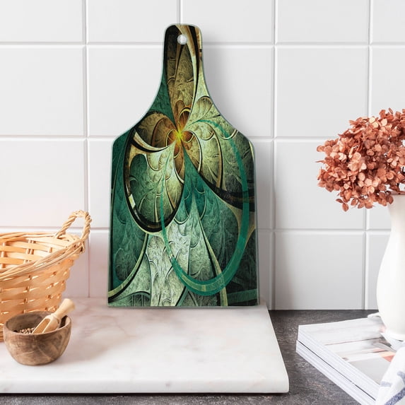 Fractal Cutting Board, Computer Art Featured Surreal Flowers Dreamy Imaginary Creative Concept, Decorative Tempered Glass Cutting and Serving Board, Wine Bottle Shape, Jade Green Orange, by Ambesonne