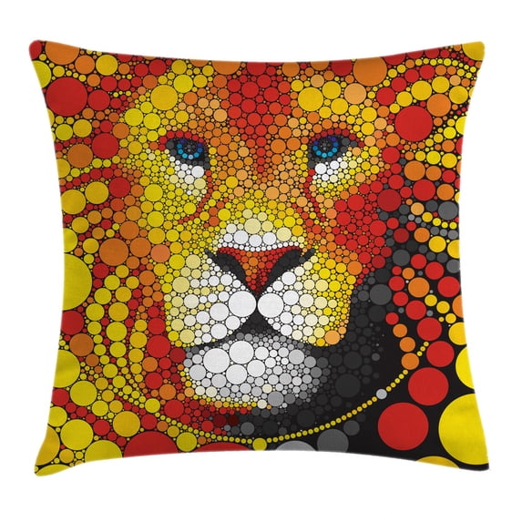 Fractal Decor Throw Pillow Cushion Cover, Abstract Style Lion Portrait Doodle Style Circle Figure Wildlife Leader Image, Decorative Square Accent Pillow Case, 24 X 24 Inches, Red Yellow, by Ambesonne