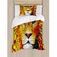 thumbnail image 1 of Fractal Duvet Cover Set, Abstract Style Lion Portrait with Doodle Style Circle Wildlife Leader Image, Decorative 2 Piece Bedding Set with 1 Pillow Shams, Twin Size, Red Yellow, by Ambesonne, 1 of 3