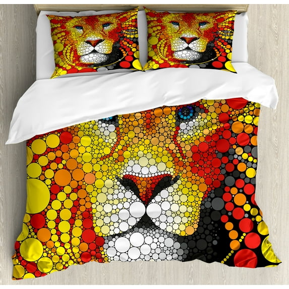 Fractal Duvet Cover Set, Abstract Style Lion Portrait with Doodle Style Circle Wildlife Leader Image, Decorative 3 Piece Bedding Set with 2 Pillow Shams, Queen Size, Red Yellow, by Ambesonne